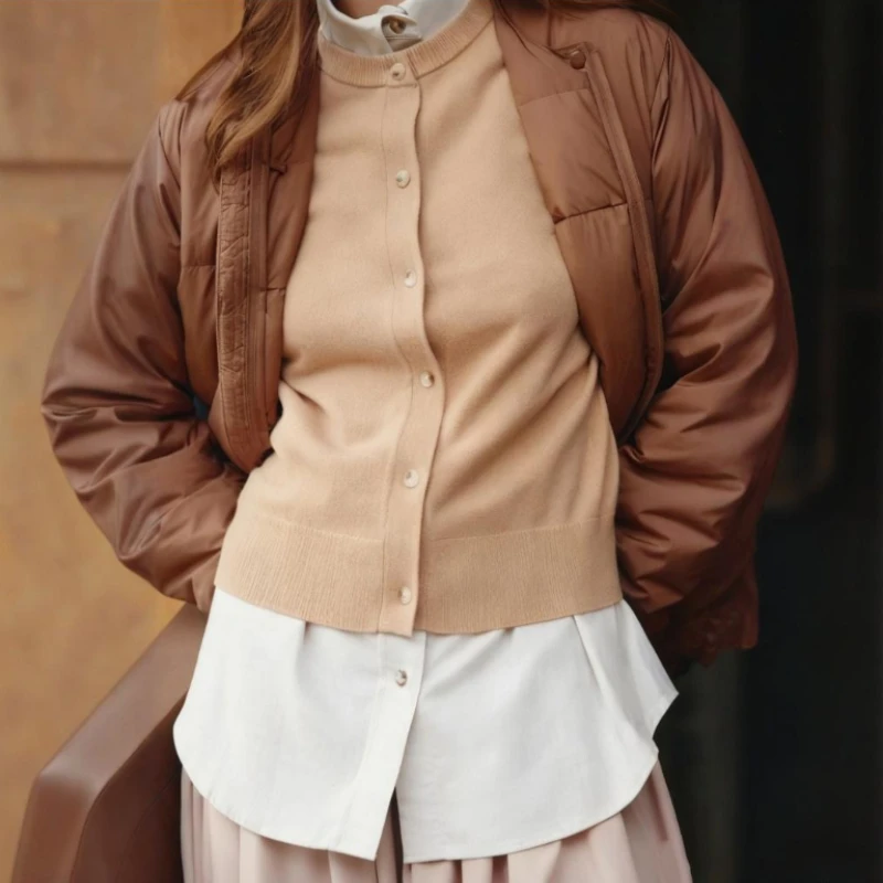 เสื้อโค้ทถักไหมพรมแขนยาวทรงเข้ารูป คอทรงกลม สีพื้น สำหรับผู้หญิง สไตล์ลำลอง เหมาะสำหรับใส่ในฤดูใบไม้ร่วงและฤดูหนาว