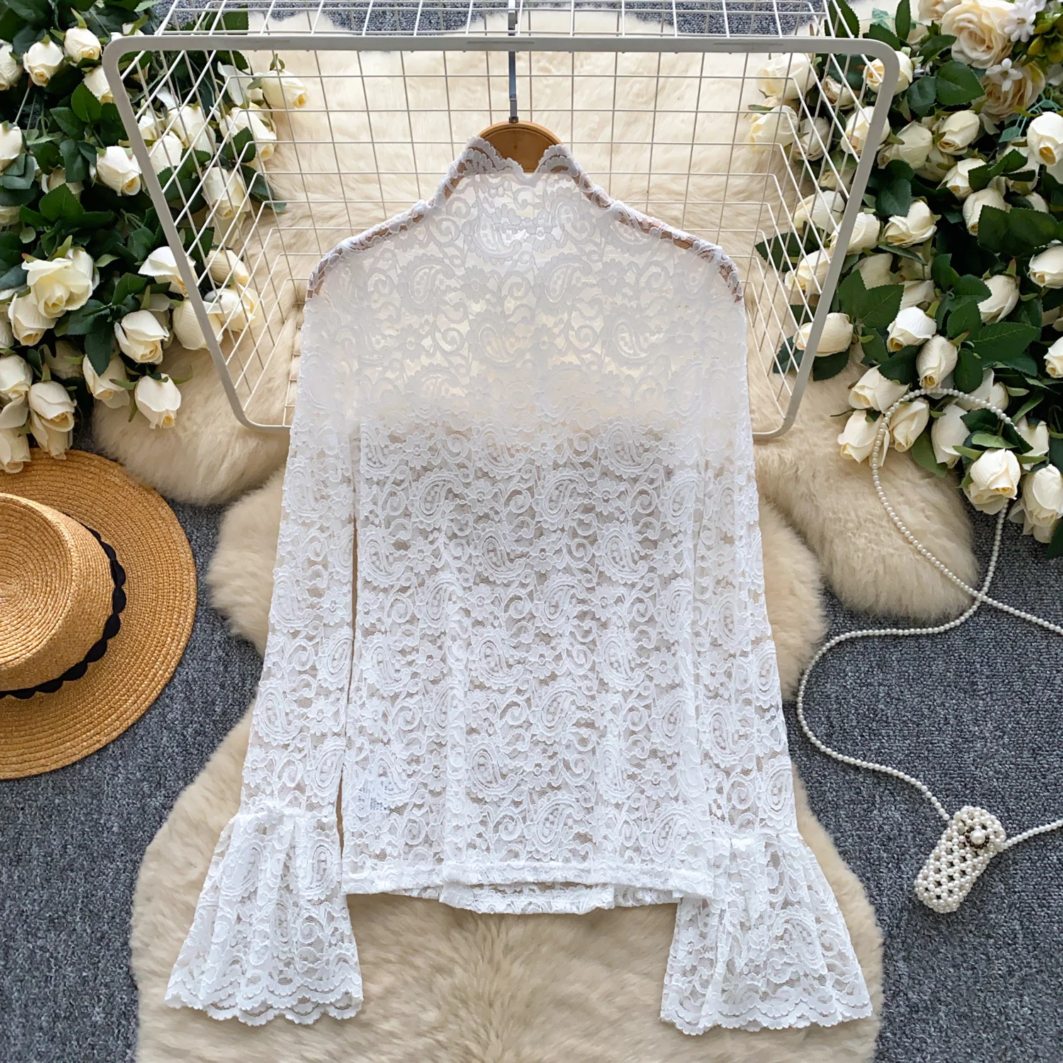 Vintage Blouse Hook flower hollow Turtleneck long sleeve Slim Elegant Fashion Sexy  Women Shirt  women clothing