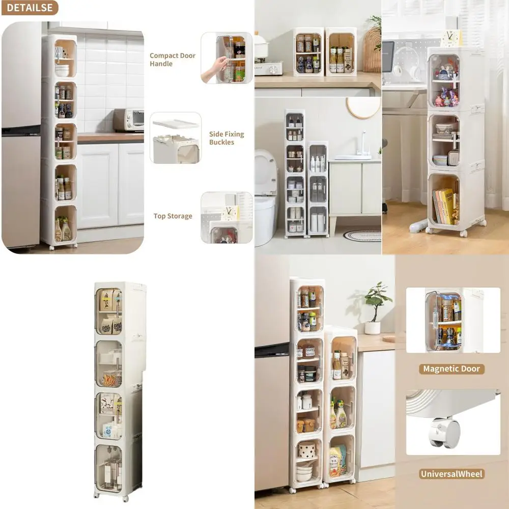 

4-х уровневый пластиковый шкаф для хранения на колесиках для компактных помещений: гладкий белый, идеально подходит для ванных комнат, кухонь и прачечной