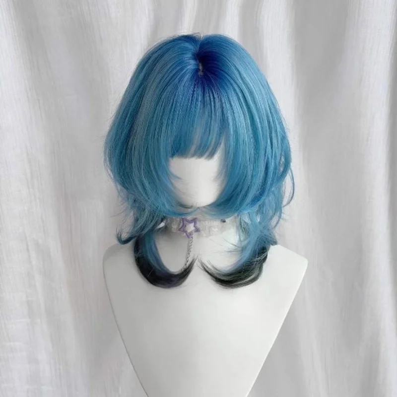 

Blue gradient wolf-tail jellyfish style high-layered short hair with bangs full wig for women