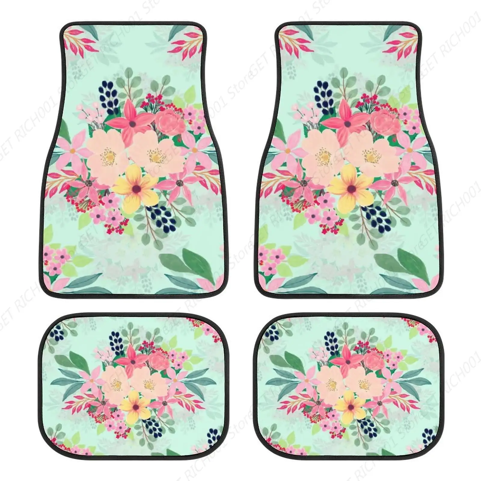 

Elegant Floral Watercolor Paint Mint Girly 4 Pieces Car Floor Mats Car Carpets Sets Universal Fit for SUV Trucks All Weather