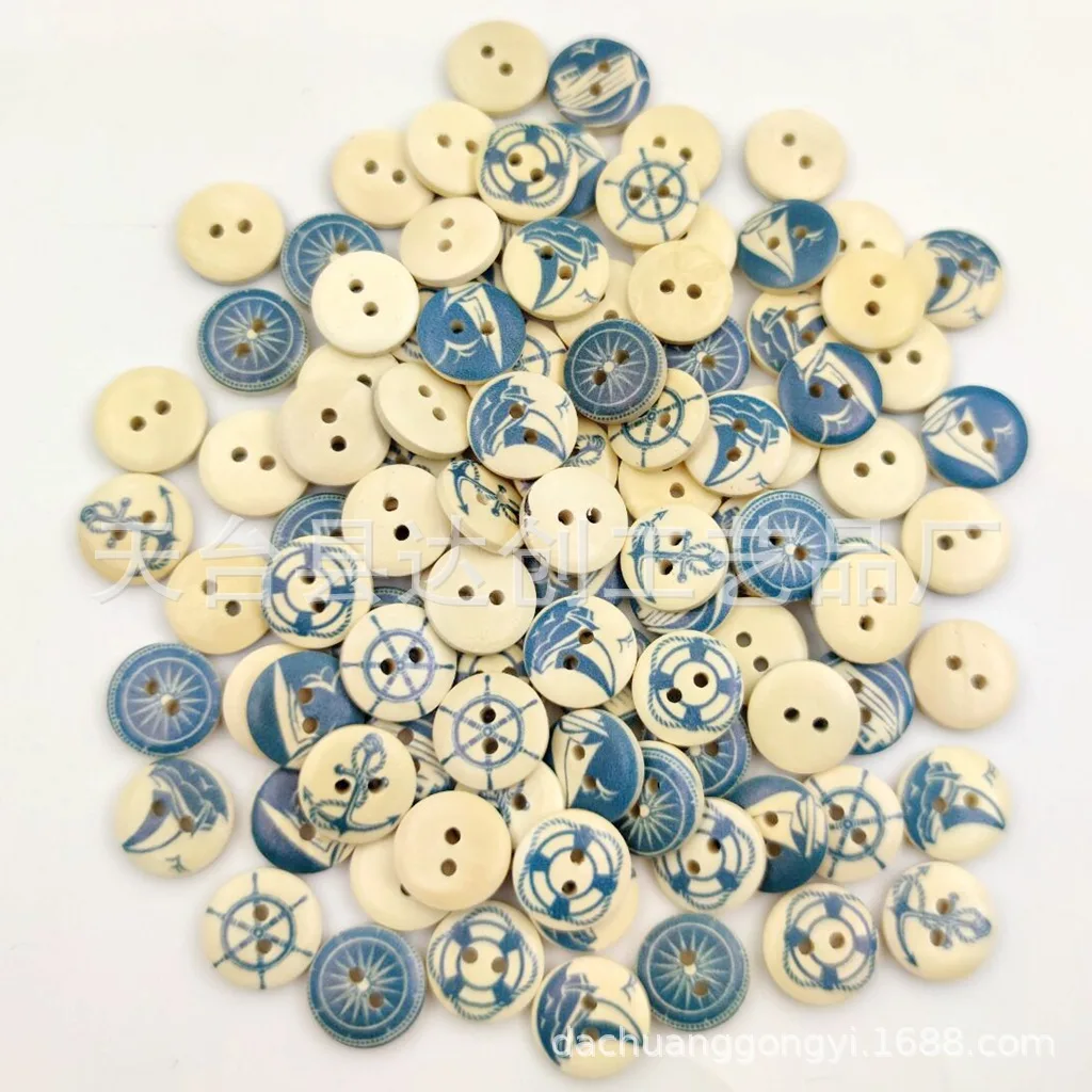 Bouton série bleu marine 15 mm, voilier, bouton à deux yeux, boucle d'ancrage à bouton en bois