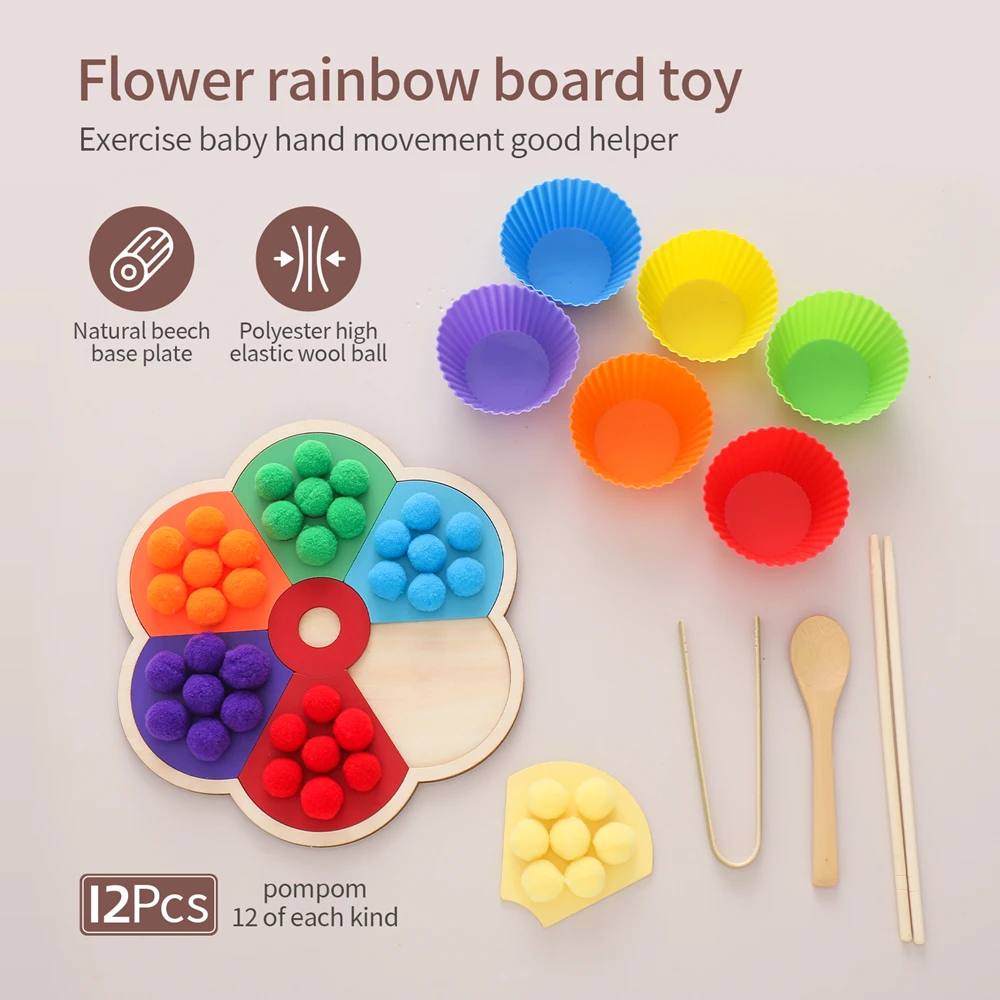 Flower Rainbow Sorting Toys Pompom Clip Game Beech Wood Baby Toys Fine Motor Skills Color Recognition Hand Eye Coordination Gift