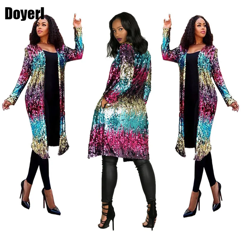 Sparkly Sequin Long Cardigan Women Spring Fashion Long Sleeve Open Front Trench Coat Ladies Party Glitter Kimono Cardigan Coat