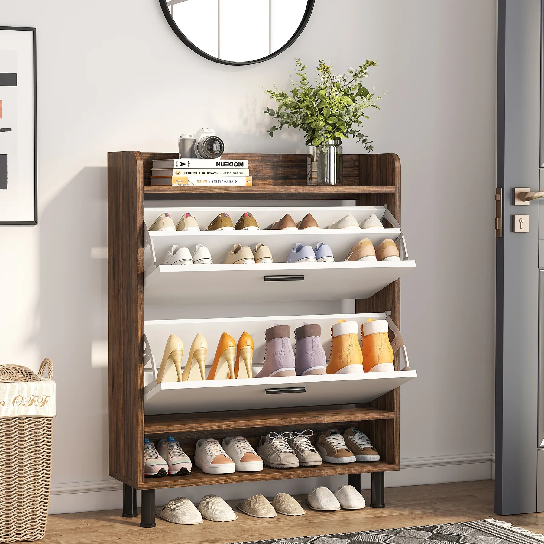 Shoe Cabinet, 2-Tier Shoe Storage Cabinet with Flip Doors, Vintage Entryway Organizer Rack with Open Shelves for Narrow Closet