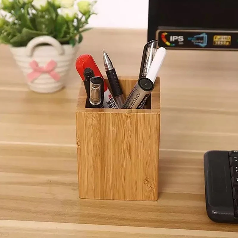Organizador de escritorio multifuncional de bambú y madera para lápices y bolígrafos 5