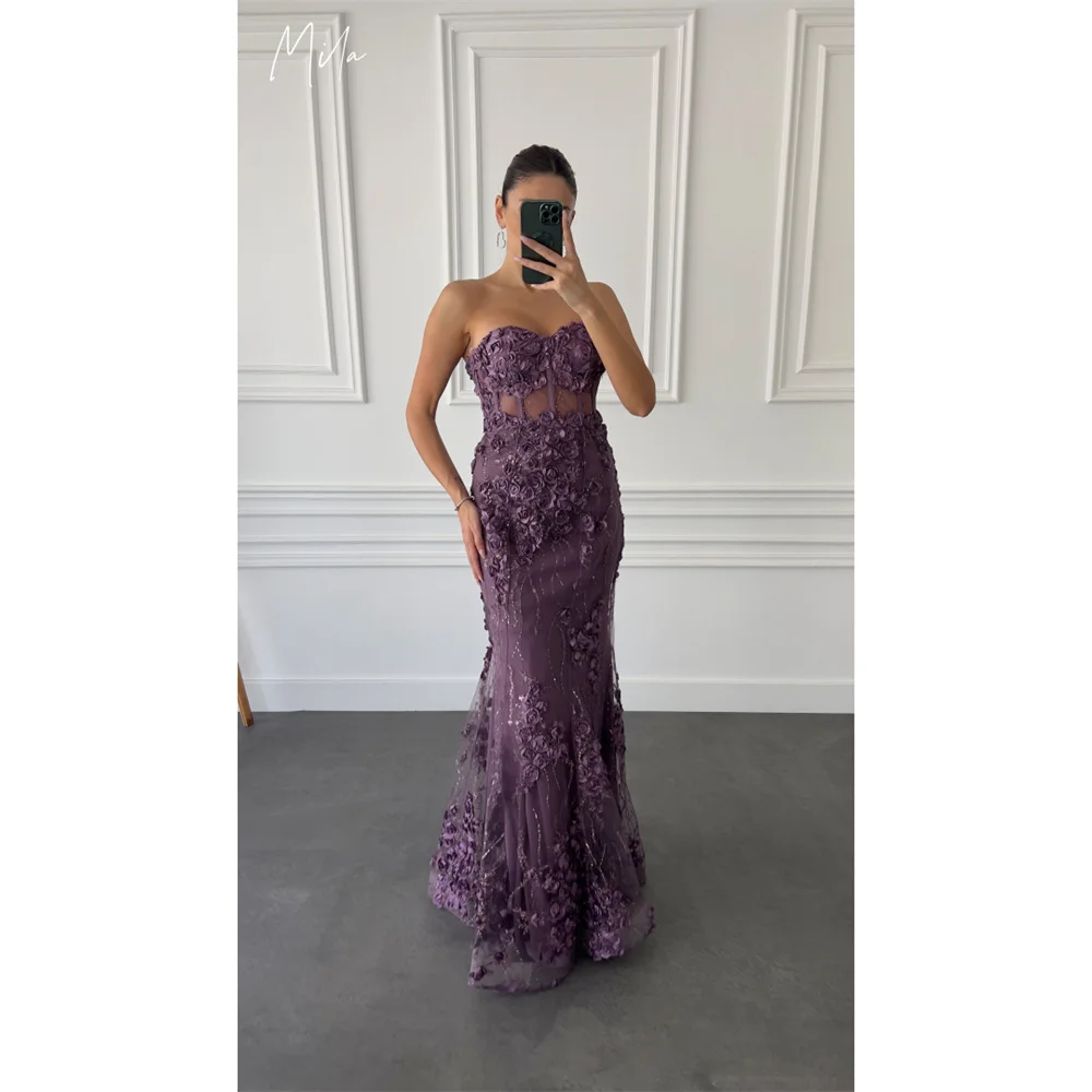 ミラパープル 3D フラワープロムドレス マーメイド ストラップレス ノースリーブ カスタマイズされたフォーマルイブニング フロアレングス ベストドス デ ガラ 2025