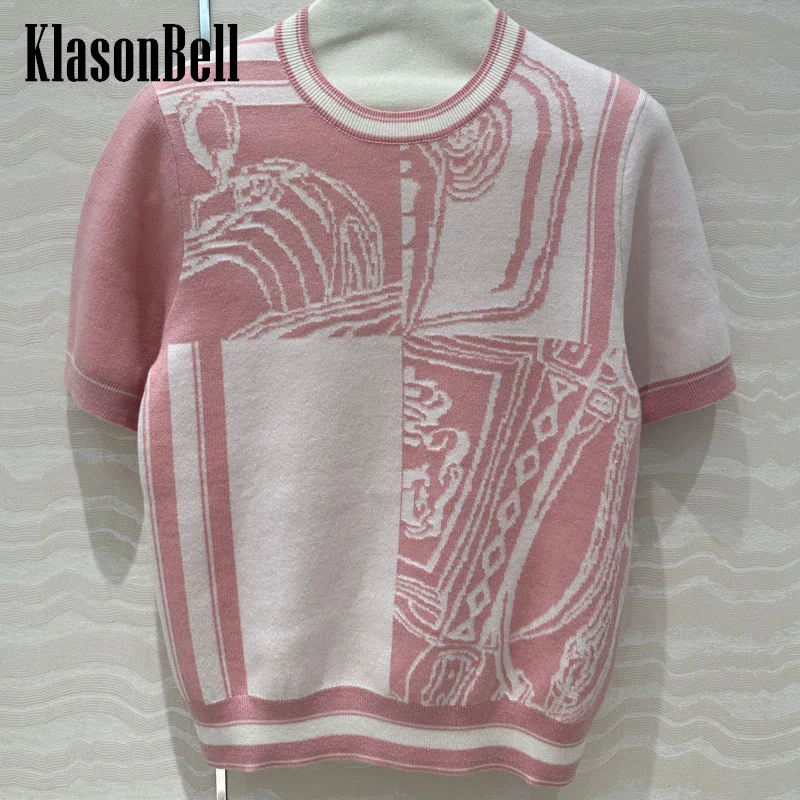 

7.19 KasonBell Women Back Letter Embroidery O-Neck Jacquard Print Wool Knitwear Top Soft Comfortable Short Sleeve Fit Sweater