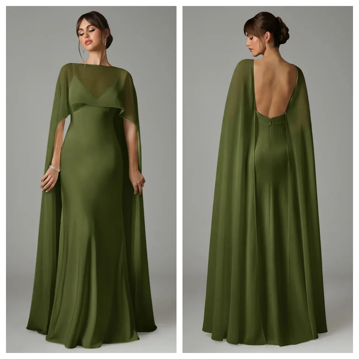 

2-Piece Set Women's Evening Gown Green Best Seller Detachable Shawl Strappy Dress Mermaid Style Chiffon