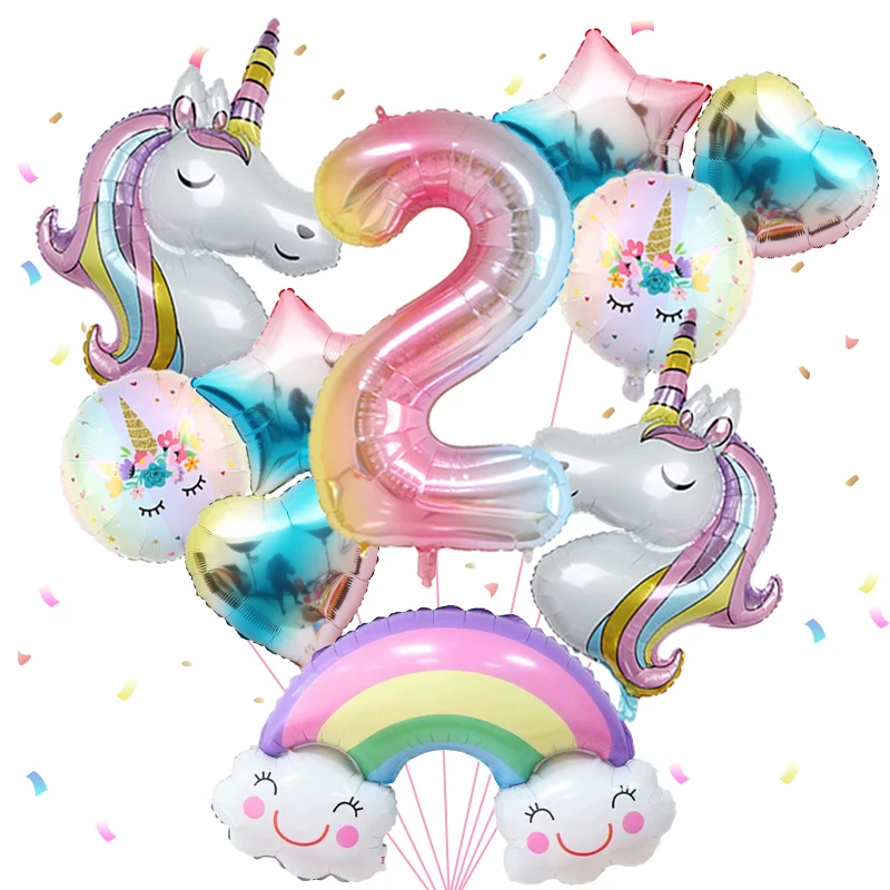 1 set regenboog eenhoorn meisje ballon aluminium film ballon set met lachende regenboogfolie 1e pasgeboren feestdecoratie benodigdheden