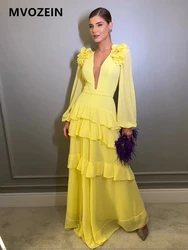 Elegant Chiffon Yellow Woman's Evening Dress V-Neck Long Sleeves Ruffles Skirt Floor Length Ladies Dresses for Special Occasions