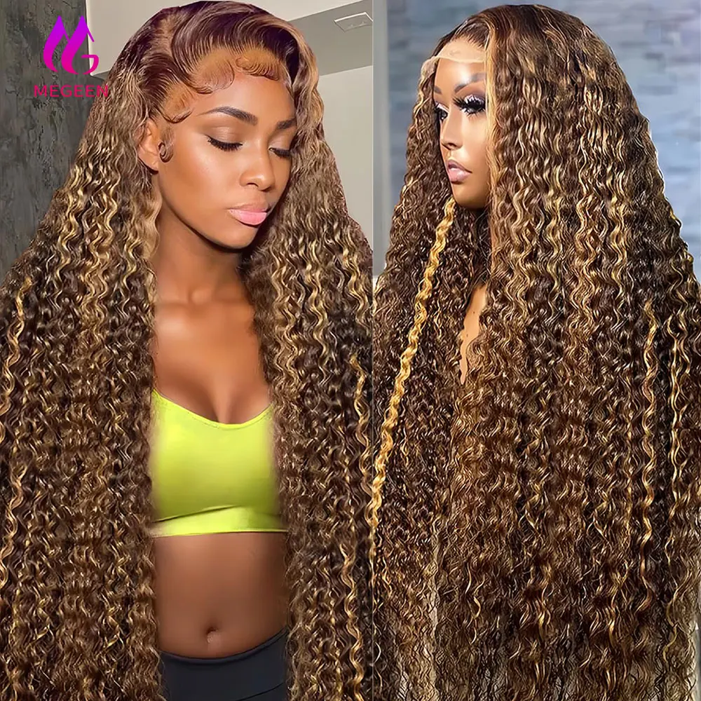 Megeen Highlight Deep Wave Lace Front Wig Human Hair with Baby Hair P4/27 Curly 13x4 HD Transparent Lace Frontal Wig Virgin Hair