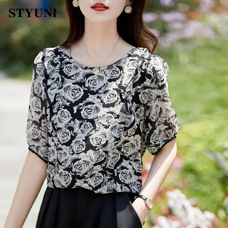 Rose Floral Printing Vintage O-Neck Short Sleeve Chiffon Women's Blouse Shirt Korean Fashion Female Clothing Tops Summer 2023