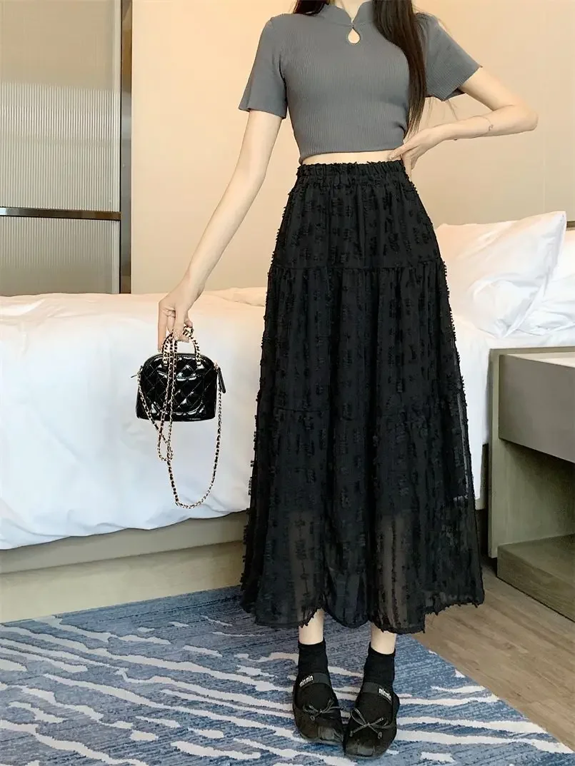 2024 Autumn Elegant A-line Slim fit Half Skirt for Women Korean Style Mesh Wooden Ear Edge Splicing Chiffon Women's Half Skirt