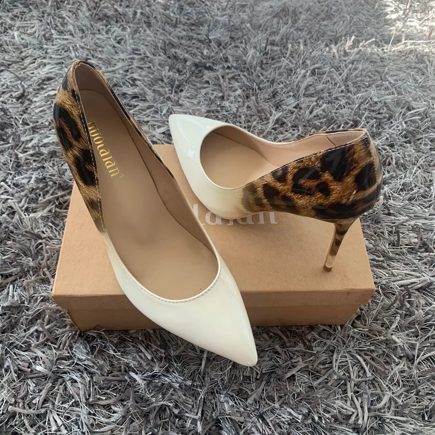 Leopard Leather Women High Heels Shoes 12cm/10cm/8cm Pointed Toe Stiletto Heels Pumps Slip On Shallow Dress Shoes Female Shoes