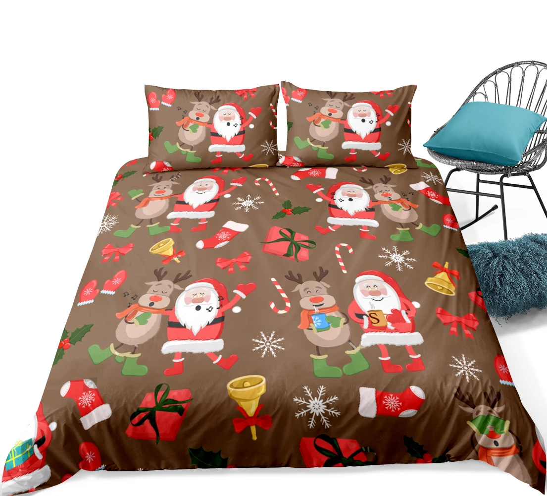 Coffee Christmas Bedding Set Reindeer Snowman Gift Digital Printing Bedding Set 3 Pcs Ultra Soft Microfibre Easy Care