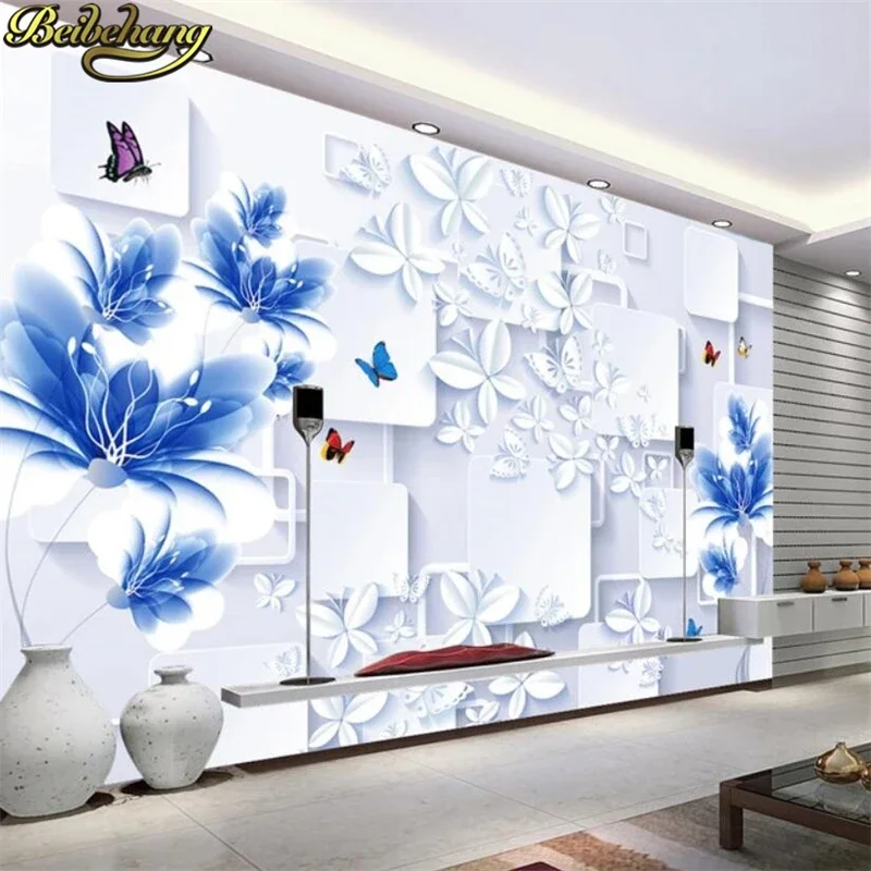 Custom Blue fantasy flowers wallpapers for living room TV background wallpaper 3D photo mural wall papers home decor Stickers