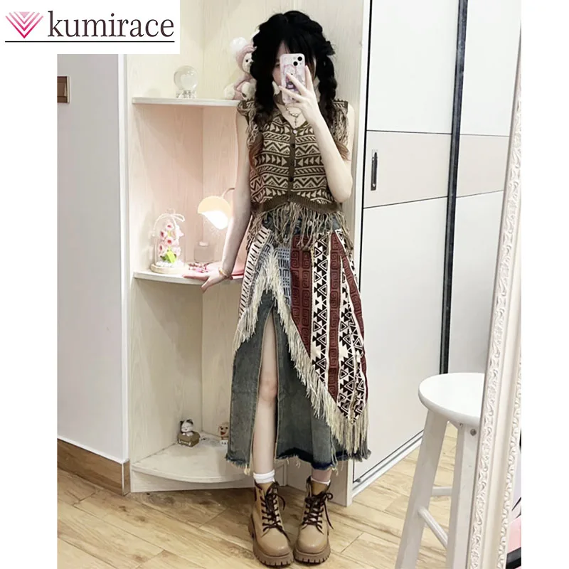 

Women's 2024 Summer New Bohemian Knitted Vest, Cowboy Skirt with Apron Set 3 Piece Sets Womens Outfits Luxury Skirt Sets