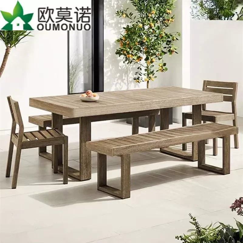 Nordic Outdoor Solid Wood Dining Table and 8 Chairs Set Garden Hotel B&B Restaurant Furniture Leisure Patio Table and Chair