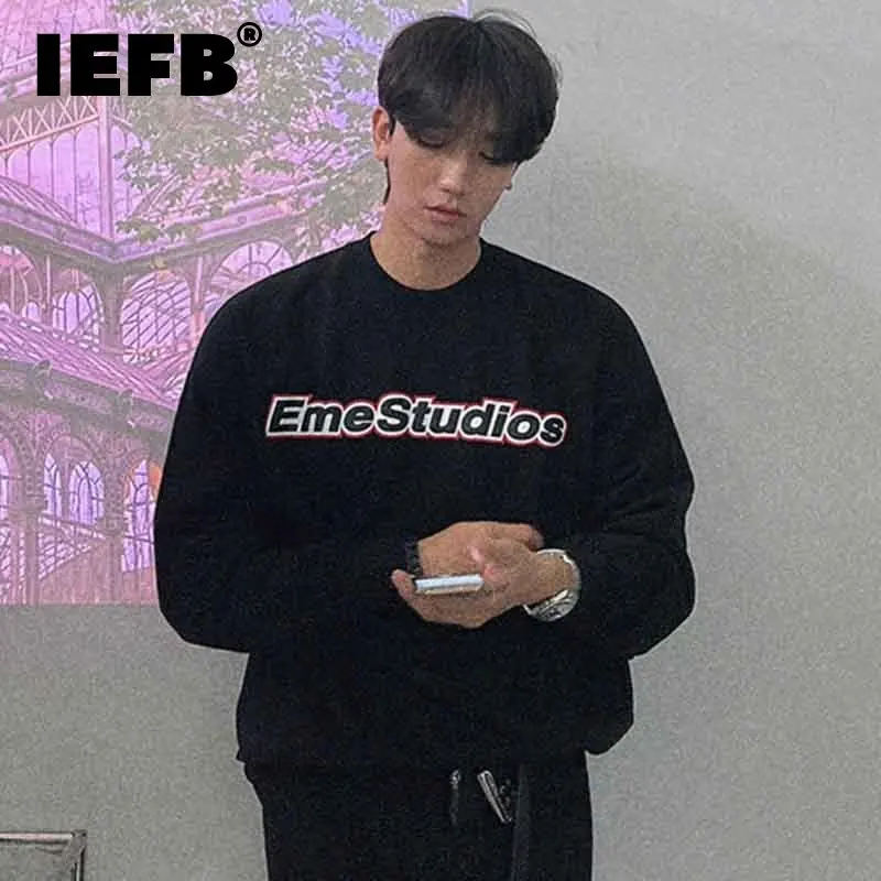 

IEFB Round Collar Men's Sweatshirt Contrast Color Letter Printing Male Long Sleeve Tops Korean Fashion Spring New Trendy 9C4615