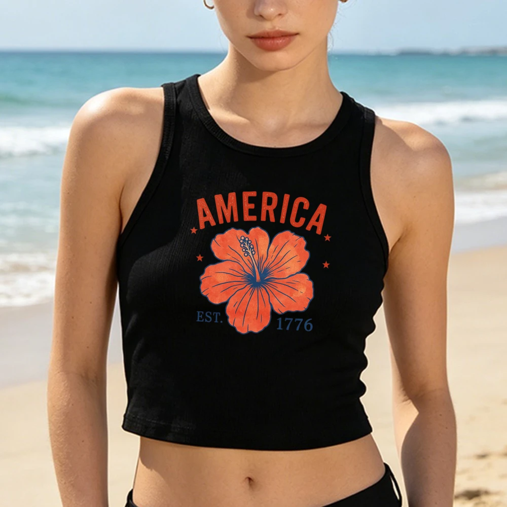 The United States Est 1776 Hibiscus Crop Top Patriotic Floral Graphic Red White Blue Independence Women Trendy Hot Girl Tank Top
