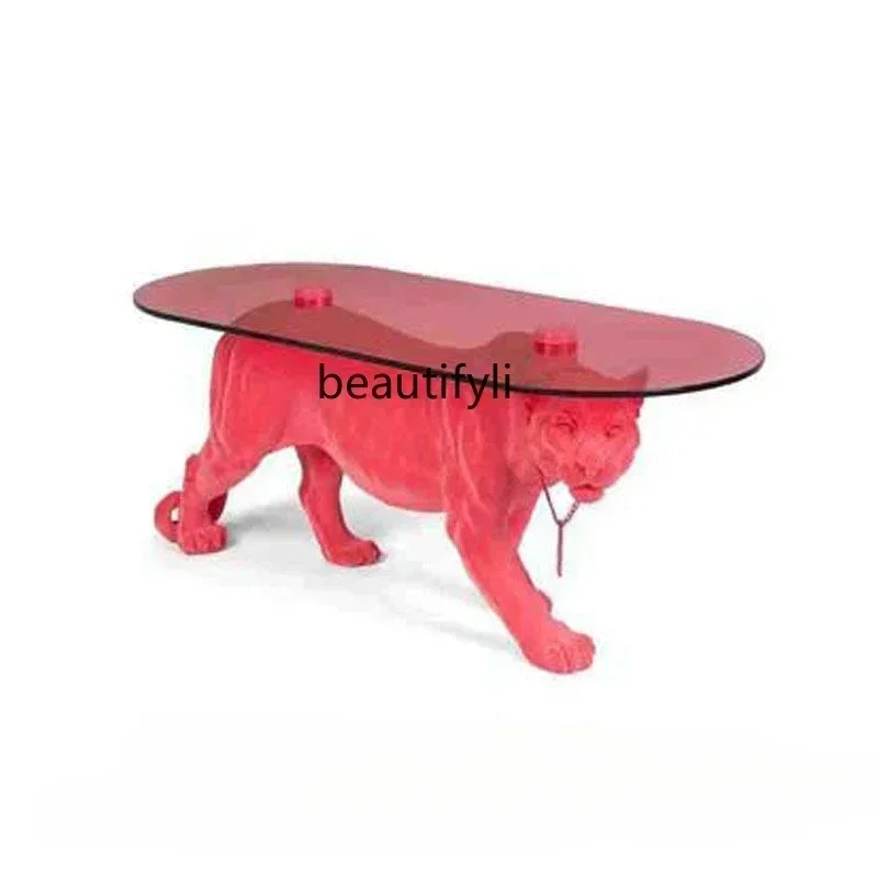 NQ Modern Simple and Light Luxury FRP Animal Tea Table Pink Leopard Tempered Glass Tea Table