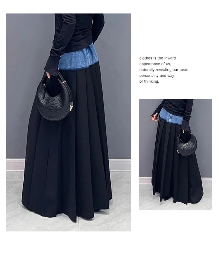 Y2k Pleated Skirt Women Long Skirts Denim Patchwork High Waist Washed Distressed Vintage Floor Length 2025 Streetwear A Line