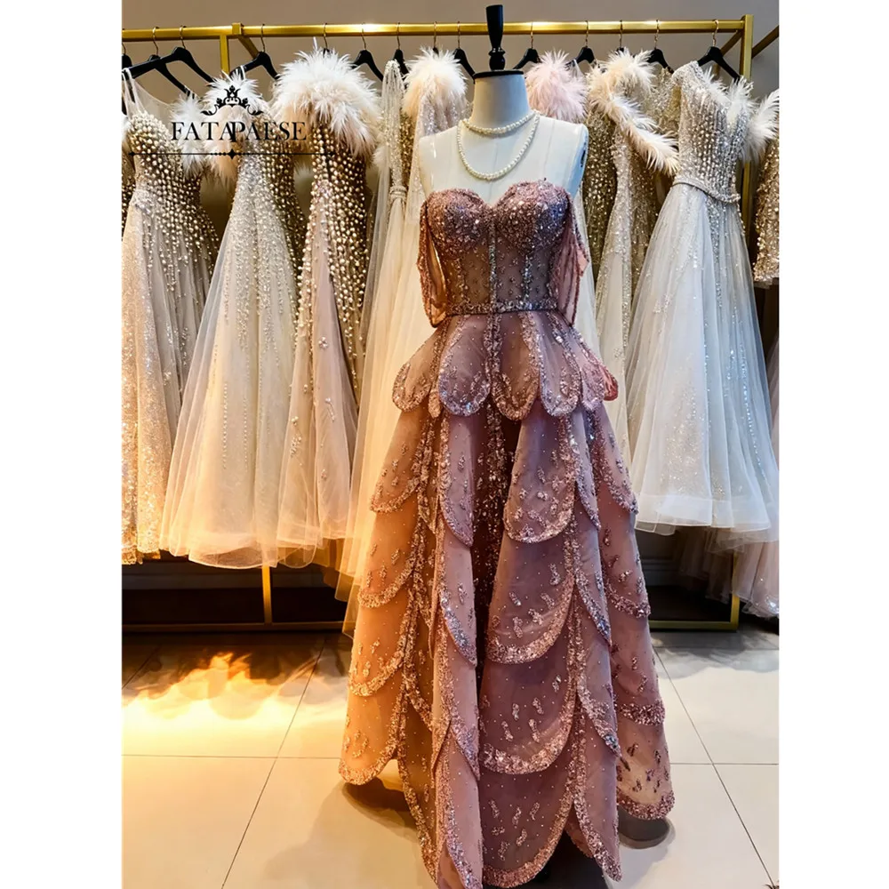 

FATAPAESE Saudi Evening Dresses Tiered Skirt Luxury Rhinestones Beads Prom Dresses Wedding Guest Dress فساتين سهرة