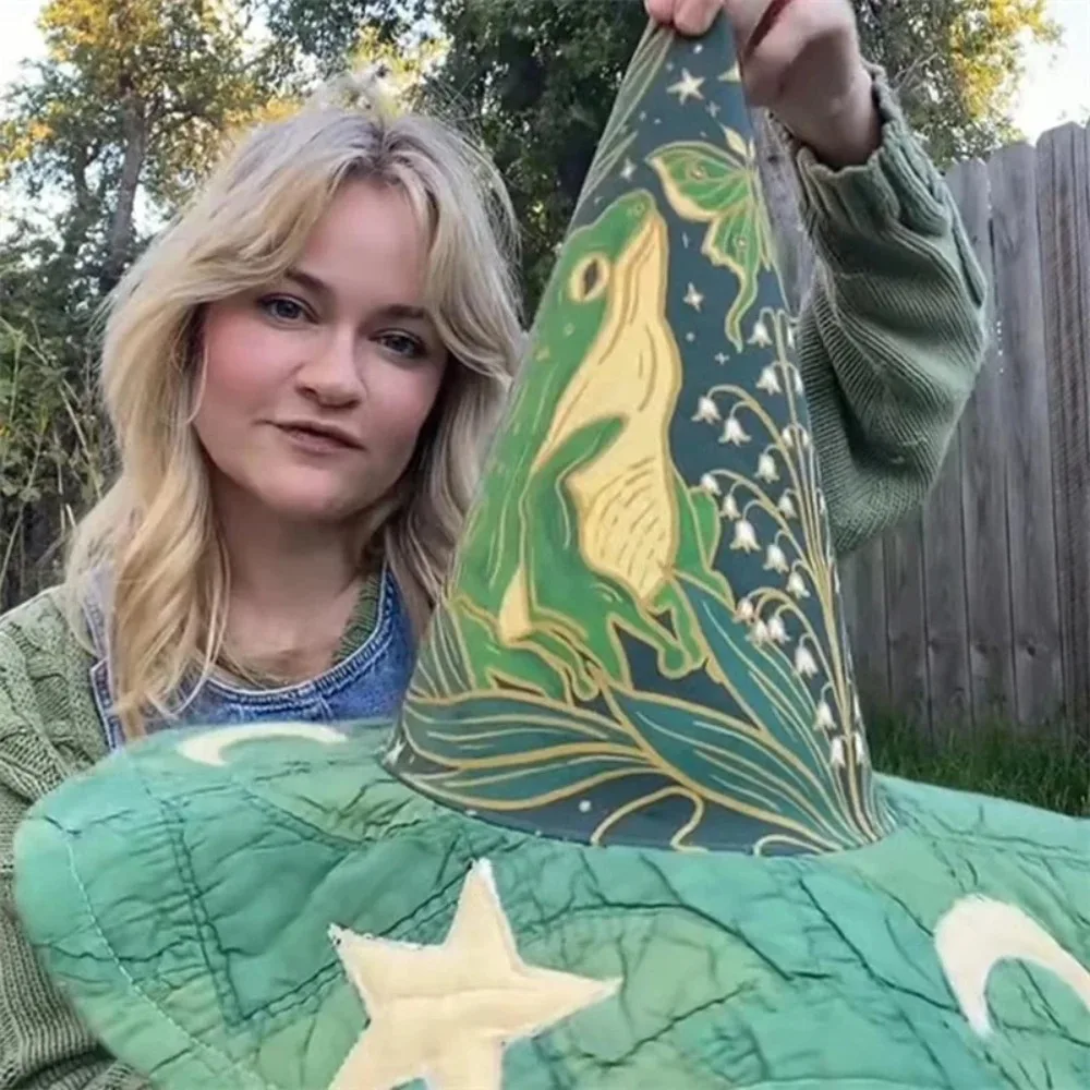 Unique Handmade Quilted Green Frog Print Pointed Witch Hat Wide Brim Wizard Hat for Halloween Party Cosplay Cottagecore Gift