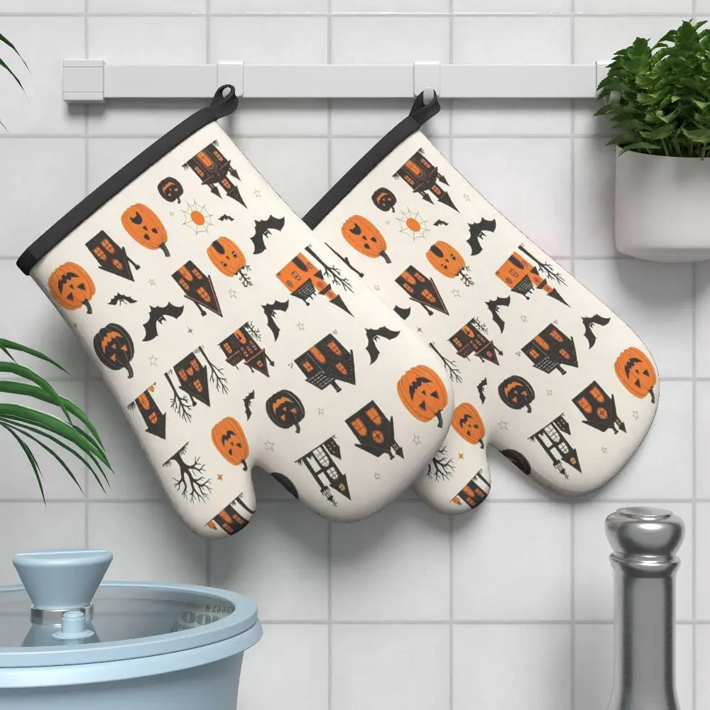 2pcs Gothic Bat & Pumpkin Oven Mitts - Dark Style Kitchen Mittens Suitable for Baking, BBQ, Camping, Picnic Machine Washable