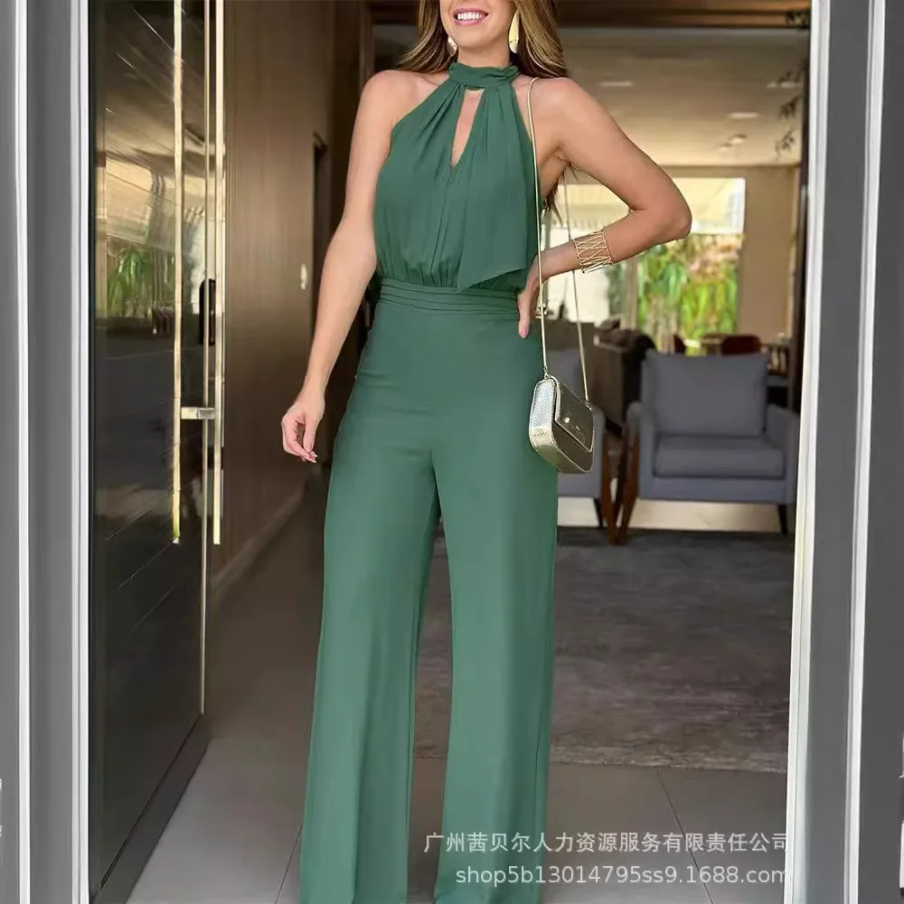 

Halter Sleeveless Hollow Out Jumpsuit Women V Neck Sexy High Waist Solid Color Summer Loose Long Pants Playsuit Jumpsuit