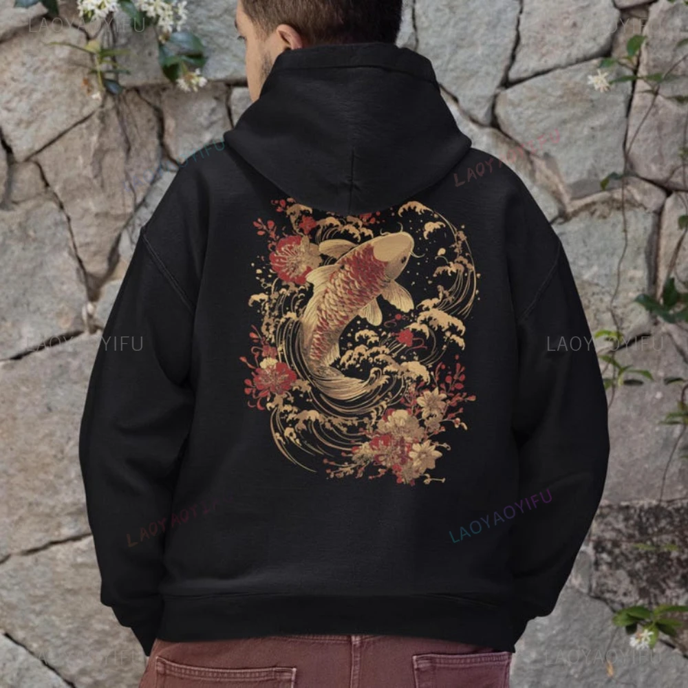 Japanese Vintage Koi Fish Hoody Japan Tokyo Unisex Hoodie Harajuku Lucky Koi Graphic Men's Hoodie Autumn Warm Long sleeve Hoodie