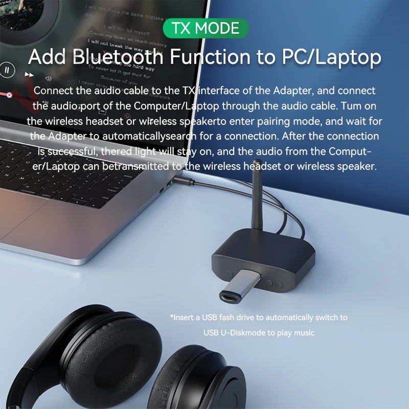 Transmisor y receptor Bluetooth 5,3, toma auxiliar Dual de 3,5mm (entrada/salida), disco U, adaptador de Audio inalámbrico estéreo hifi con micrófono HD