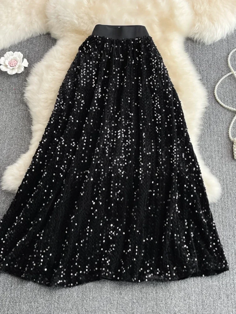 Spring Autumn Sequin Long Skirt Women High Waist Slim A-line Elastic Waist Bling Sparkling Skirt