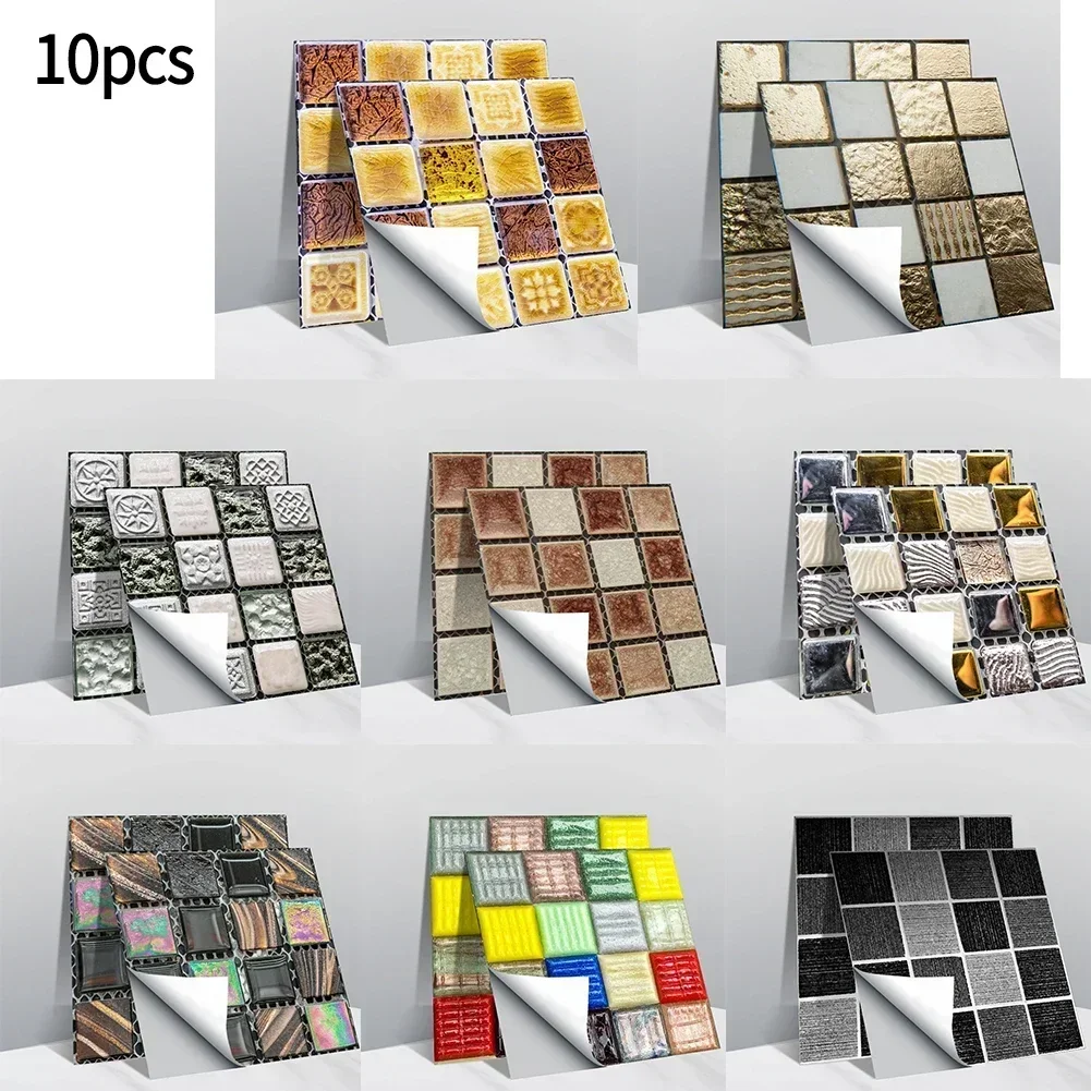 10pcs Self-Adhesive Wall Tiles Sticker Home Kitchen Bathroom Wall Mosaic Squares Sticker DIY Wall Stick Decoration