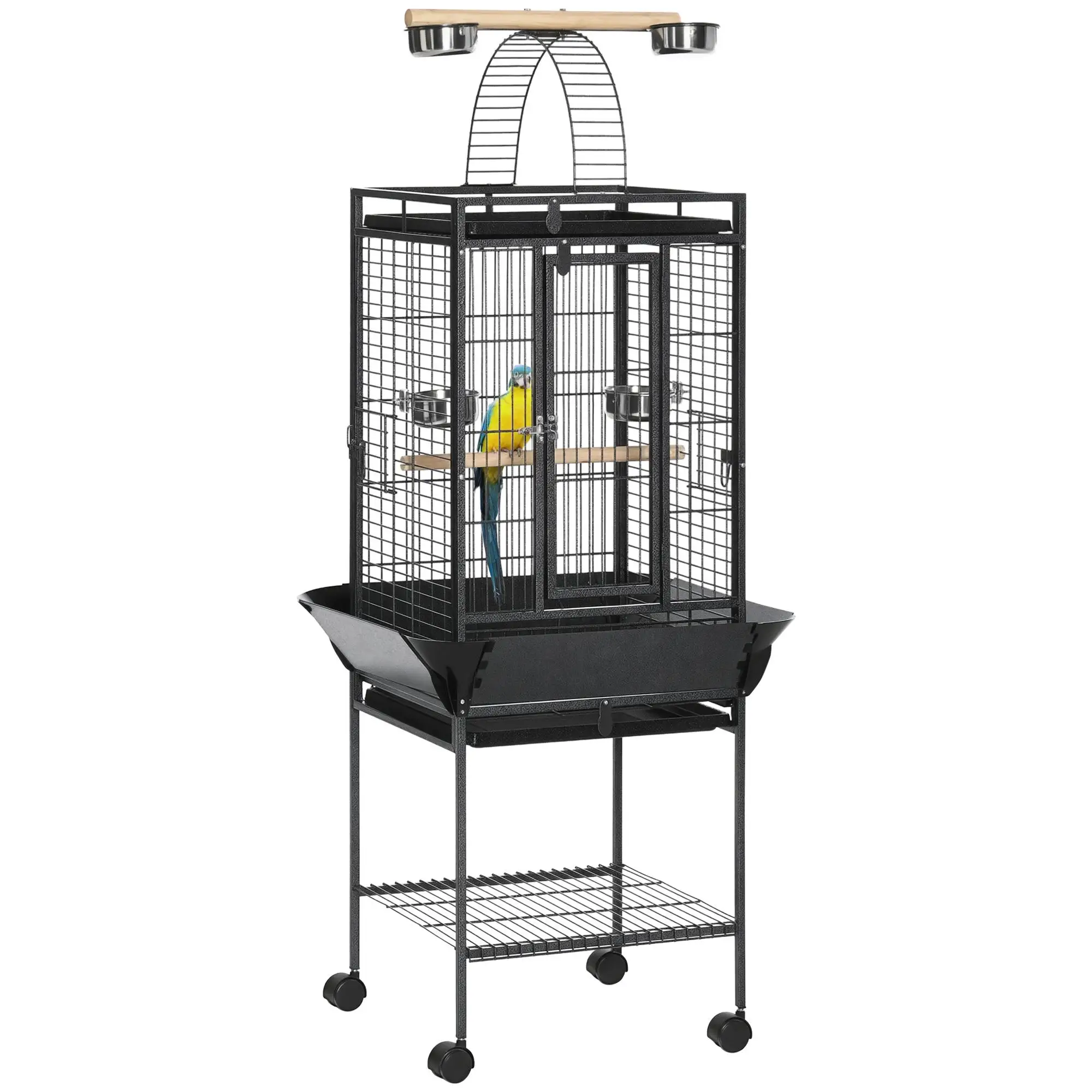 Cage à oiseaux sur roulettes, 2 étagères amovibles, pont en arc, 4 mangeoires, gris 62,5x62,5x156 cm