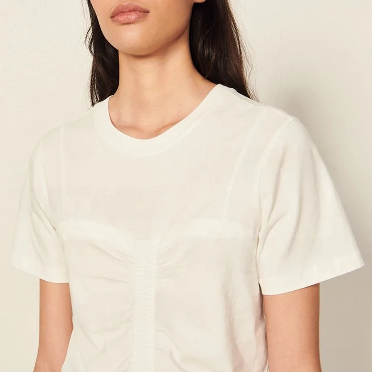 シンプルな無地プリーツカジュアル通気性コットンTシャツ レディースファッション 春夏新作 ラウンドネック シンプル