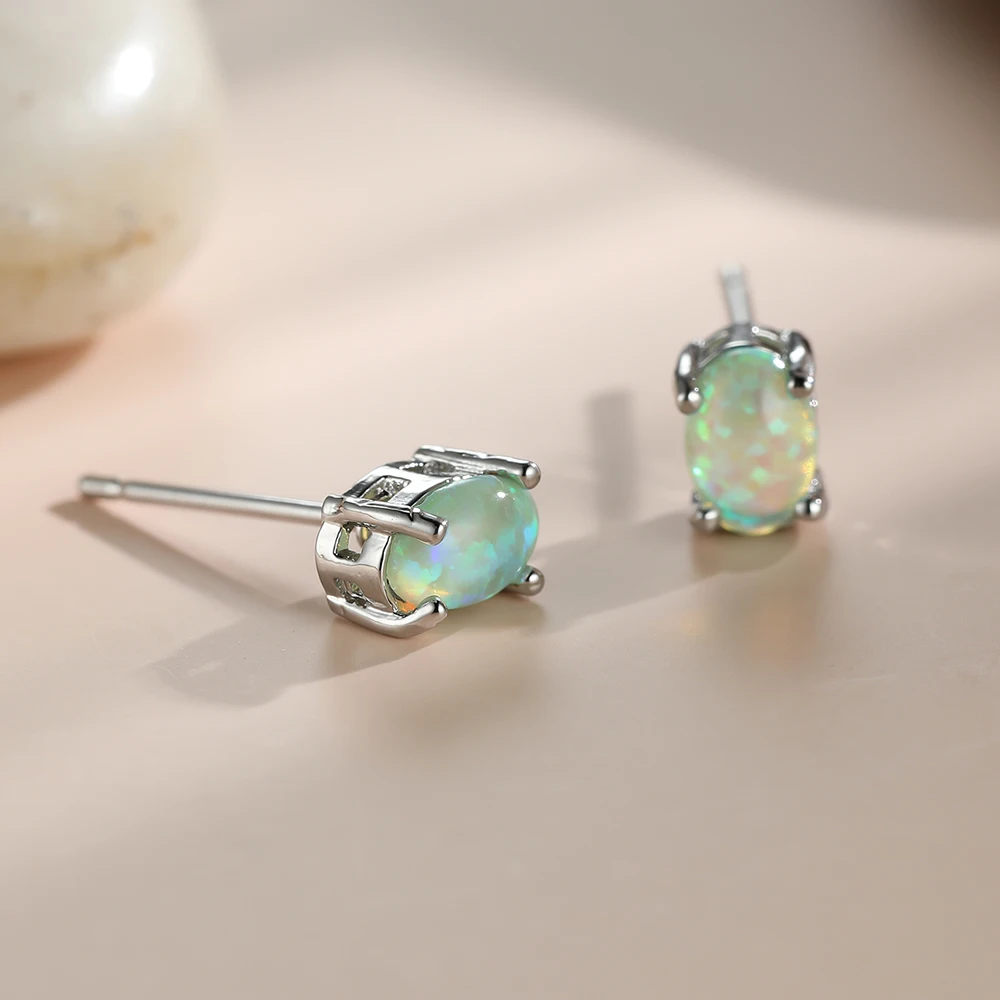 Silver Color Cute Oval Green Opal Stone Stud Earrings for Women Dainty Classic 4 Claws Natural Fire Opal Stone Students Earrings