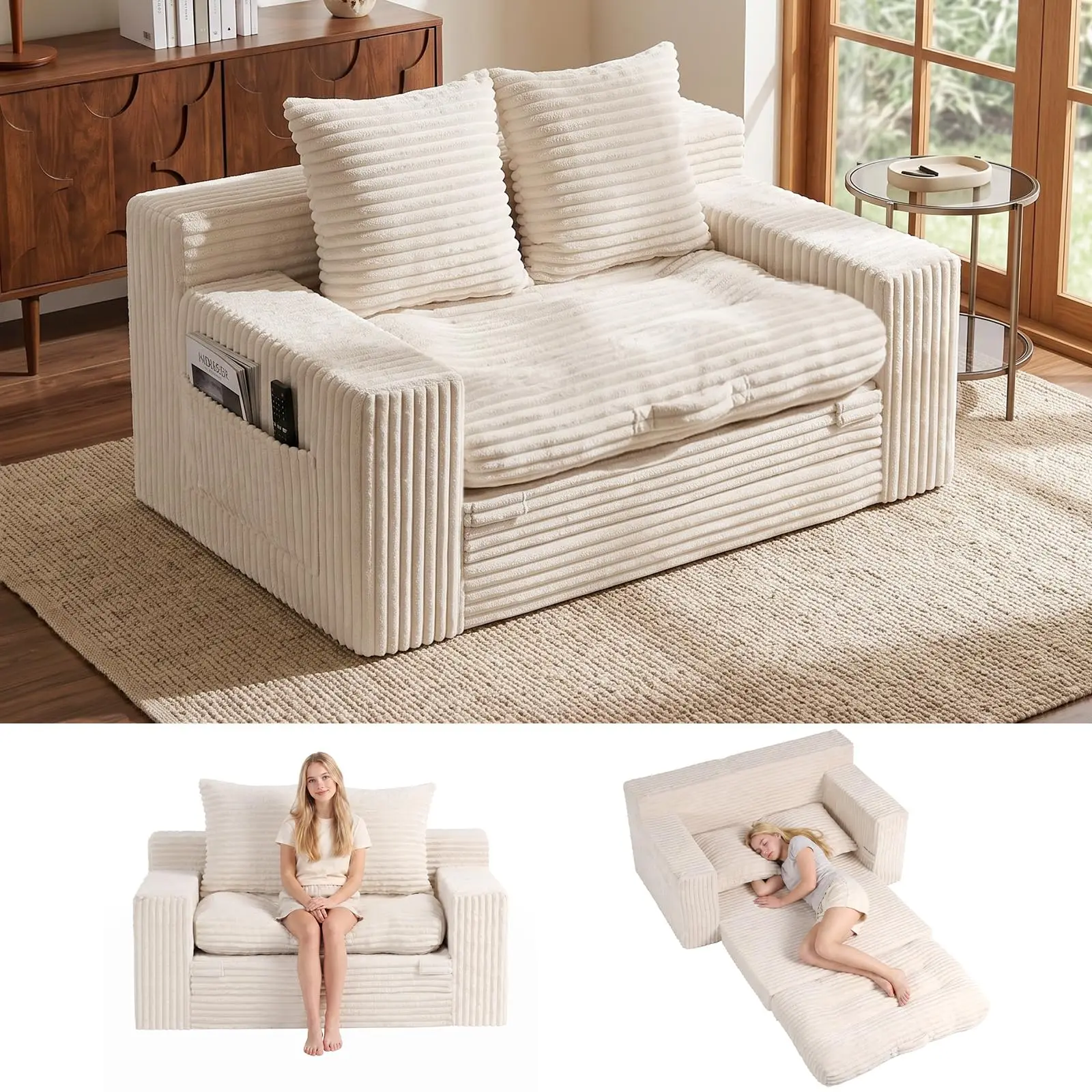 Boneless Couch, 4-in-1 Convertible Sofa Bed, Boneless Loveseat Sleeper, Pull Out Couch with Removable Top Cushion, Pull