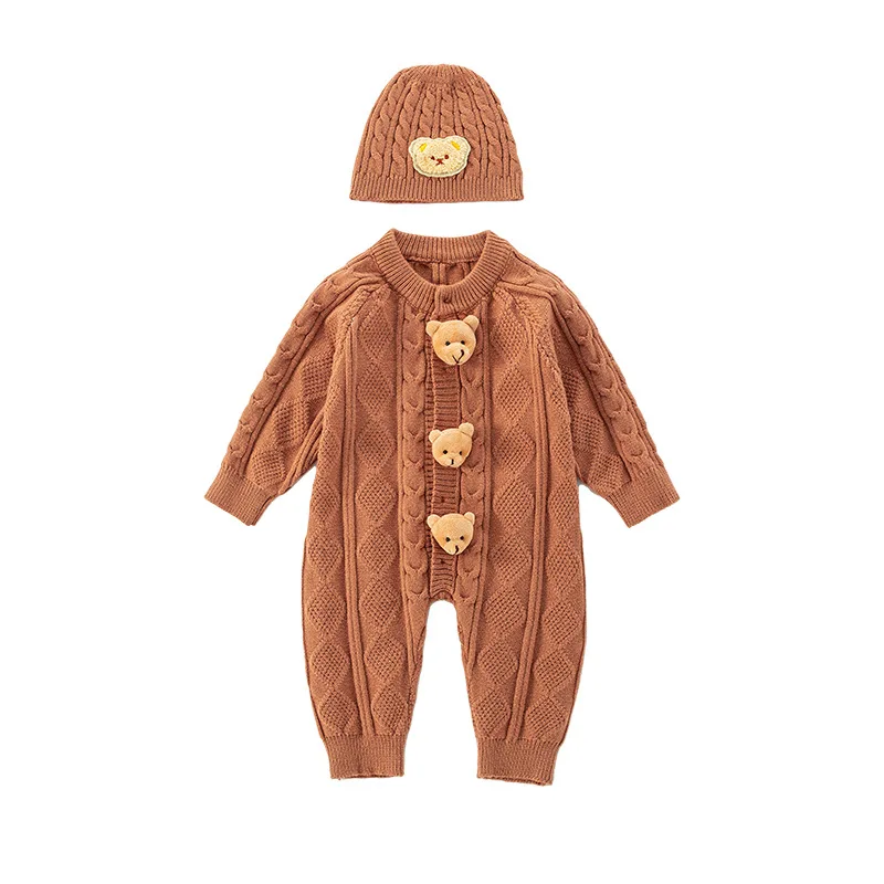 Baby Boys Romper Spring Autumn 0-2 Year Plaid Jacquard 3D Bear Knitted Infant Boys Jumpsuit Casual Exterior Newborn Boy Bodysuit