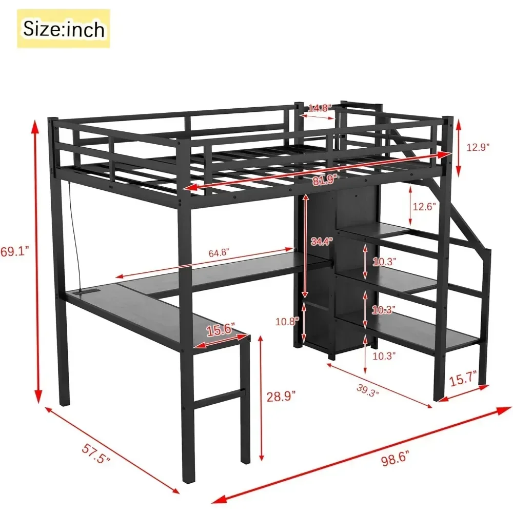 Metalen hoogslaper met bureau en kledingkast, robuust hoogslaperframe met opbergtrap, LED-hoogslaper Full XL met laadstation