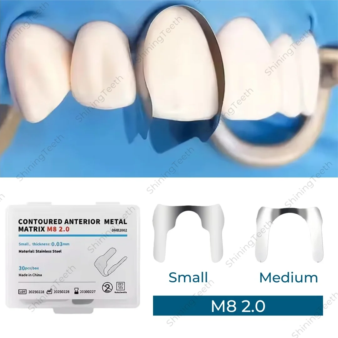 

30Pcs/Box Dental Twin Matrix Contoured Anterior Metal Matrix M8 2.0 Stainless Steel Metal Matrices Compatible with 1.523/1.533