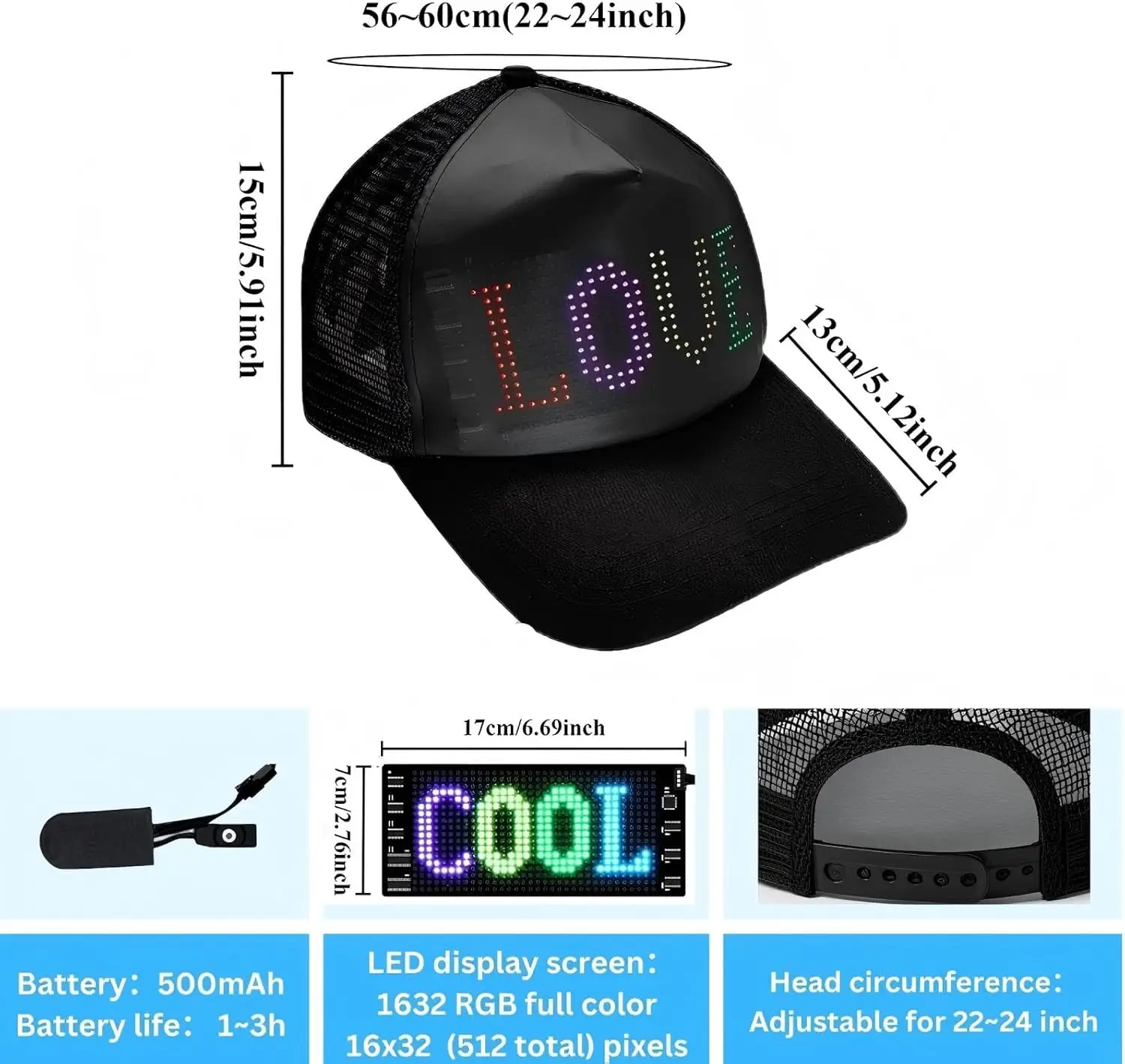 APP Programmable LED Matrix Cap, RGB Custom Text & Animation, USB Rechargeable, Breath Mesh for Party Rave Festival Unique Gift