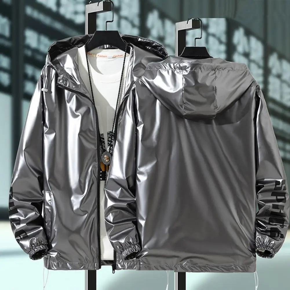 Youth Shiny Jacket Men Youth Shiny Glossy Hooded Jackets with Adjustable Drawstrings for Teenagers Fashionable for Spring