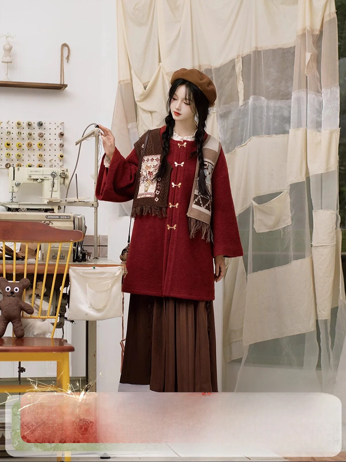 

Antique Patchwork Knitted Woolen Coat with Lace Hemline And f Skirt Hanfu Sle Women's Premium Faion Outerwear
