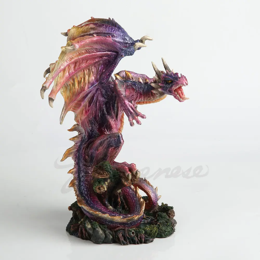 Purple Rainbow Winged Dragon Resin Figurine Fantasy Cliff Rock Base Mythical Fierce Dragon Home Desktop Decorative Ornament Gift