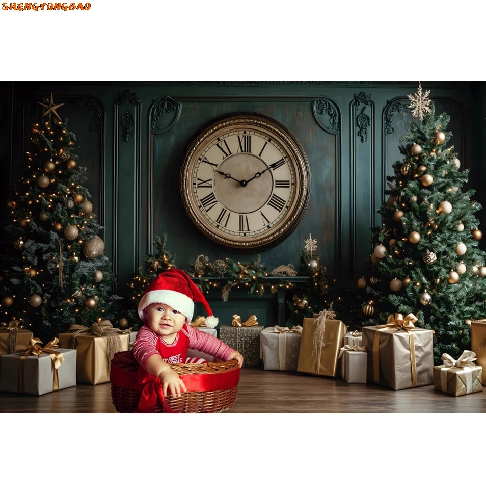 Green Christmas Clock Backdrop Xmas Tree Gifts Baby Kids Portrait Family New Year Party Photography Background Decor Photostudio