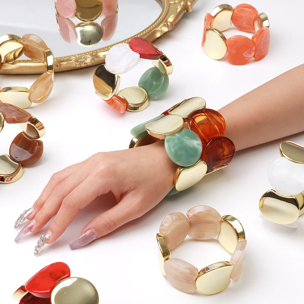 Fashion Round Spliced Acrylic Elastic Bracelets for Women Men Trendy Mixed Color Resin Circle Beaded Wide Bangle Jewelry Gift