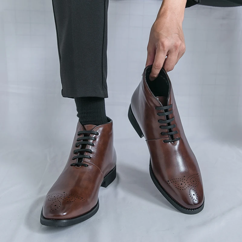 

Size 38-48 Retro Men Ankle Boots Black Brown High Quality Printed Block Leather Shoes Business Office Fashion Brand Boots Men