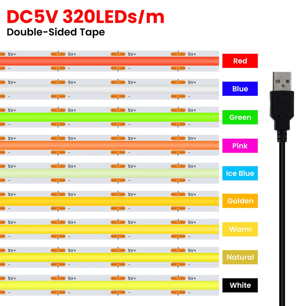 5V USB 3mm 5mm COB LED Strip Light 8MM PCB White Red Green Pink Ice Blue Yellow DC5V 320Led Flexible Ribbon Night Backlights